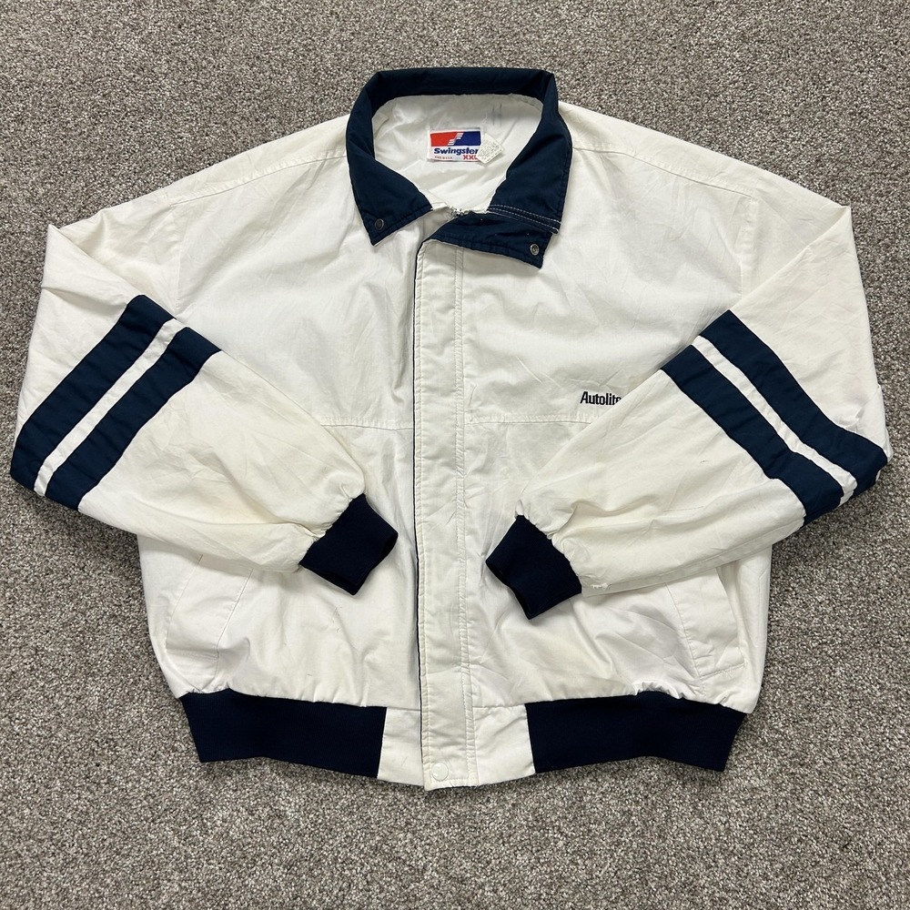 Swingster Jacket Mens 2XL White Microfiber Autolite Striped Windbreaker USA